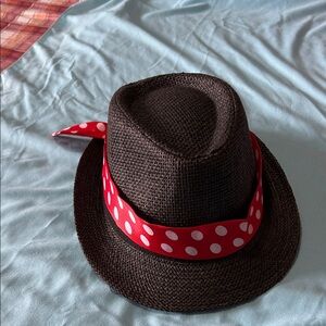 Stylish Brown Hat with Red Polka Dot Band